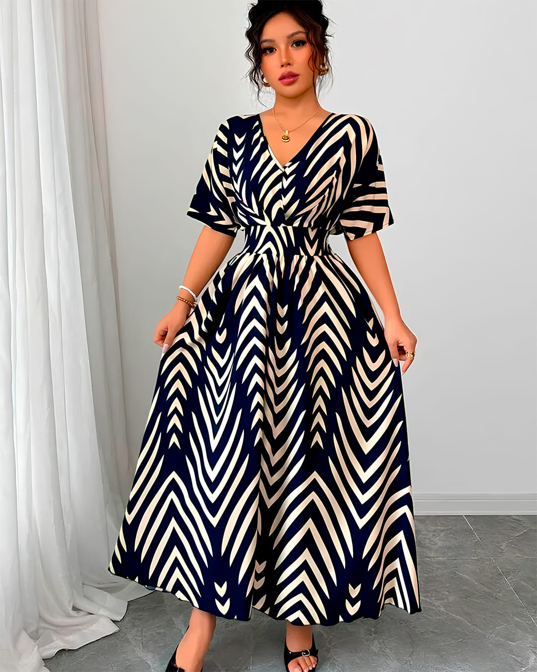Robe Bohème Longue Imprimé Chevron Taille Empire