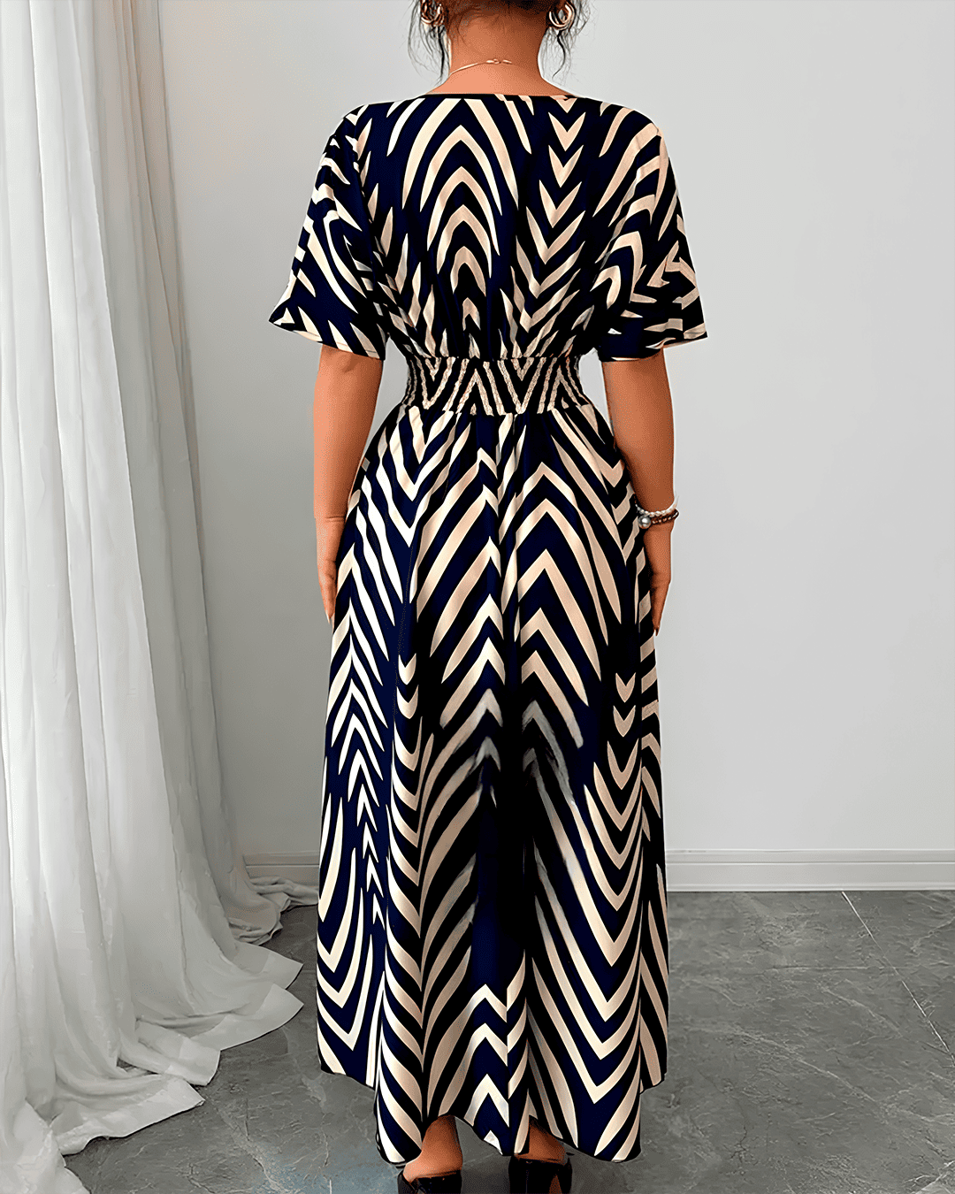 Robe Bohème Longue Imprimé Chevron Taille Empire