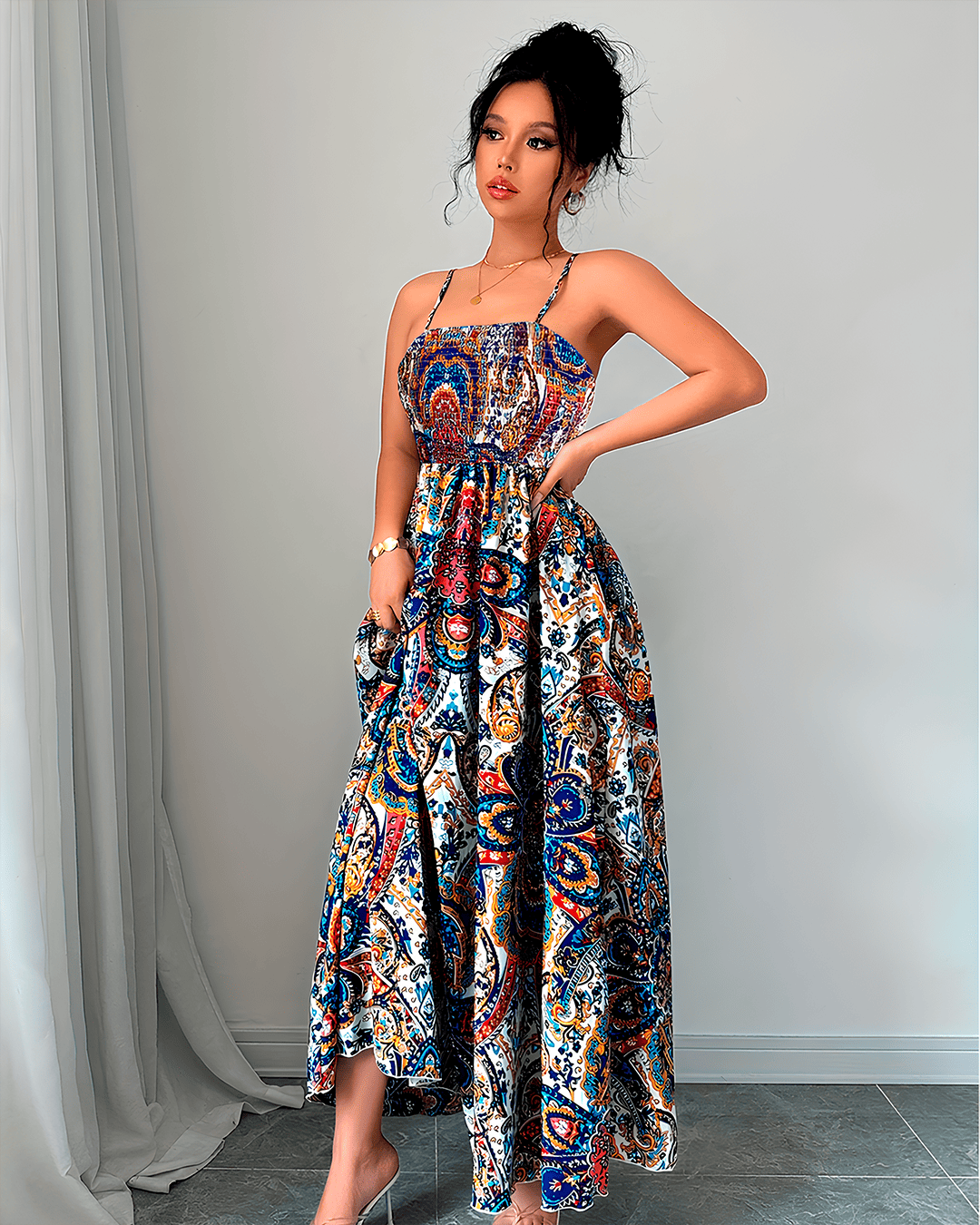 Robe Bohème Longue Smockée Bretelles Imprimé Cachemire