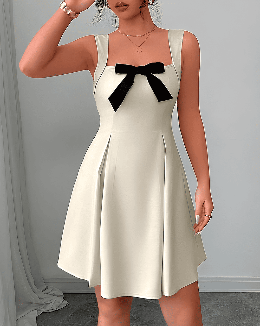 Robe Bretelles Nœud Décolleté Carré Évasé