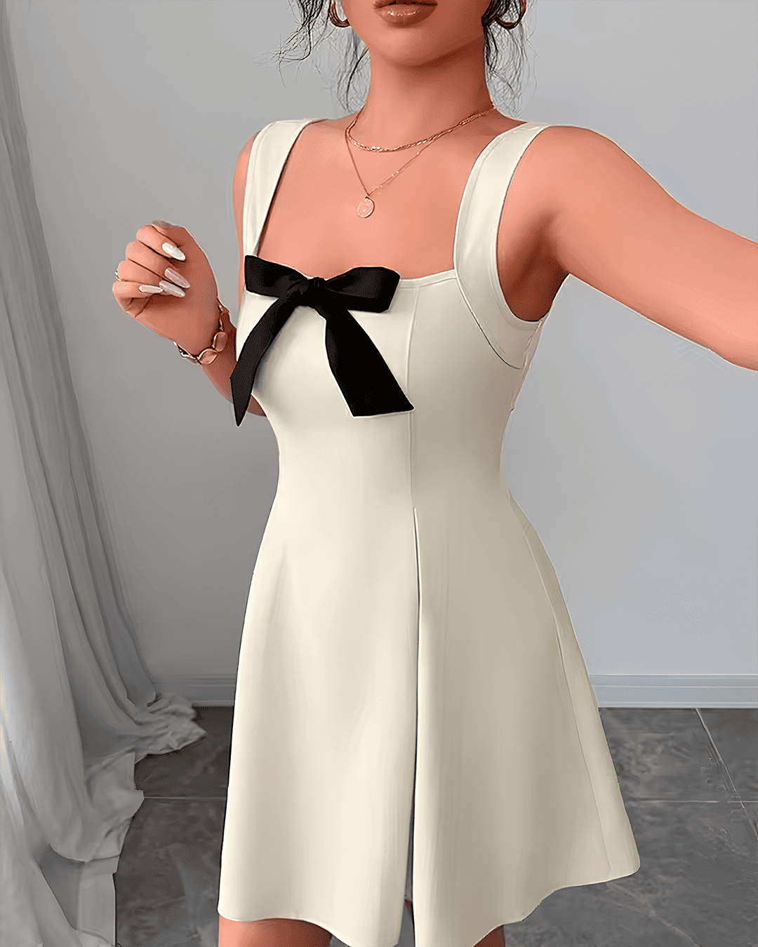 Robe Bretelles Nœud Décolleté Carré Évasé