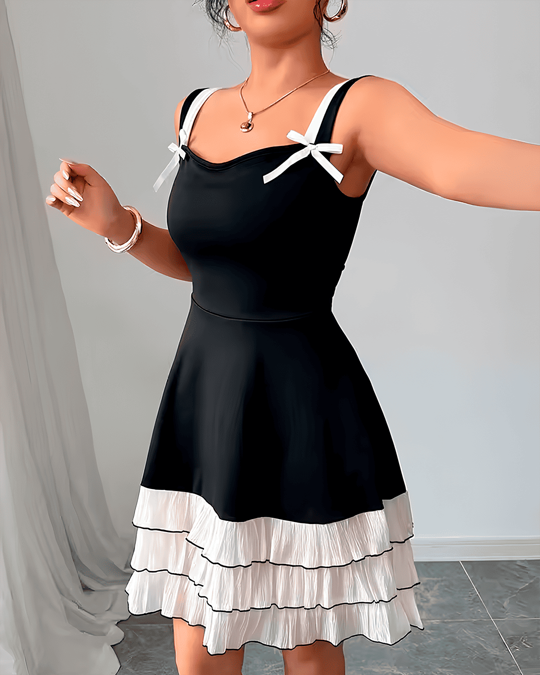 Robe Bretelles Nœuds Évasé Ourlet Volant Black