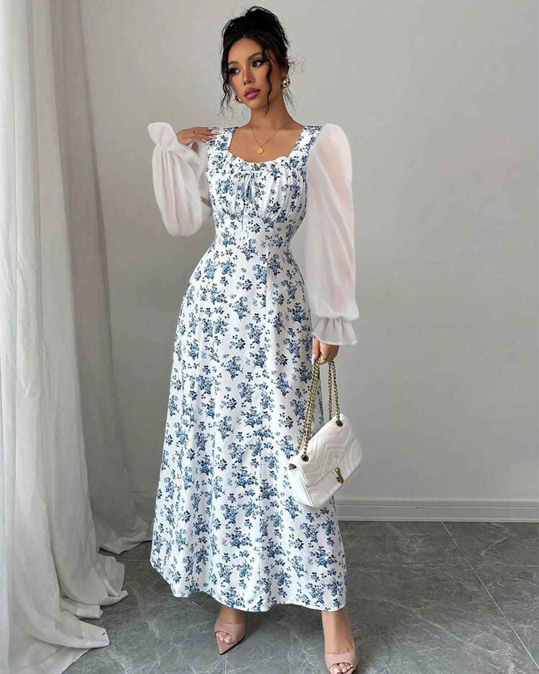 Robe Fleuri Manches Mousseline Taille Smockée