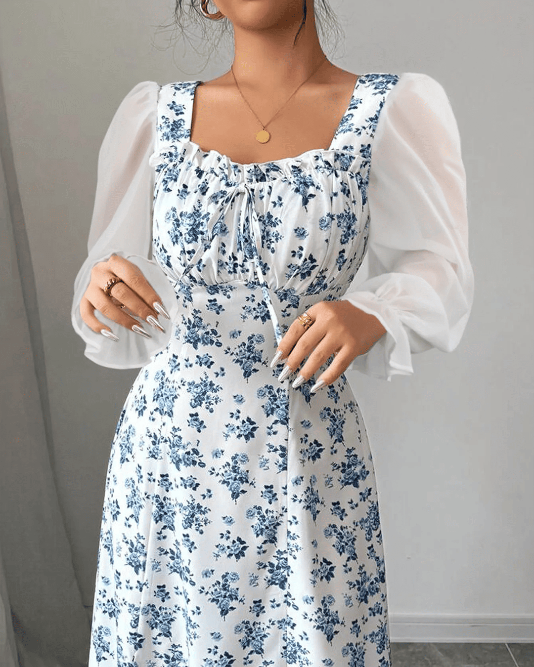 Robe Fleuri Manches Mousseline Taille Smockée