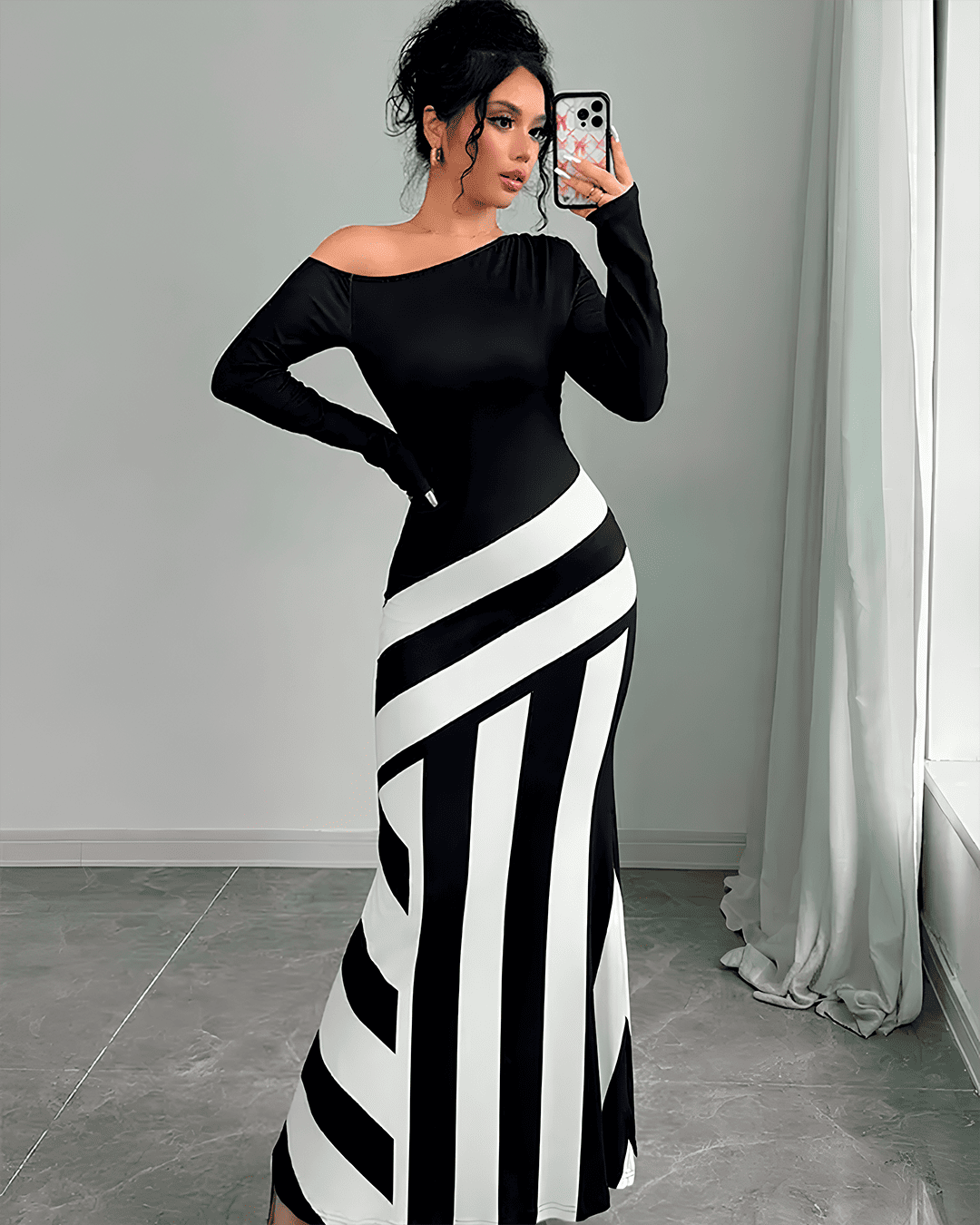 Robe Longue Asymétrique Épaule Dénudée Rayures