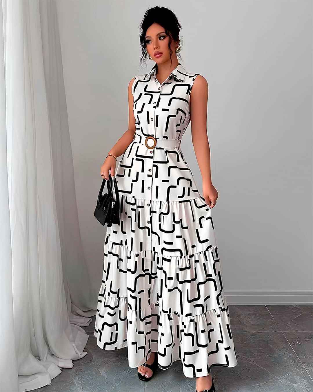 Robe Longue Chemisier Imprimé Géométrique Ceinturée