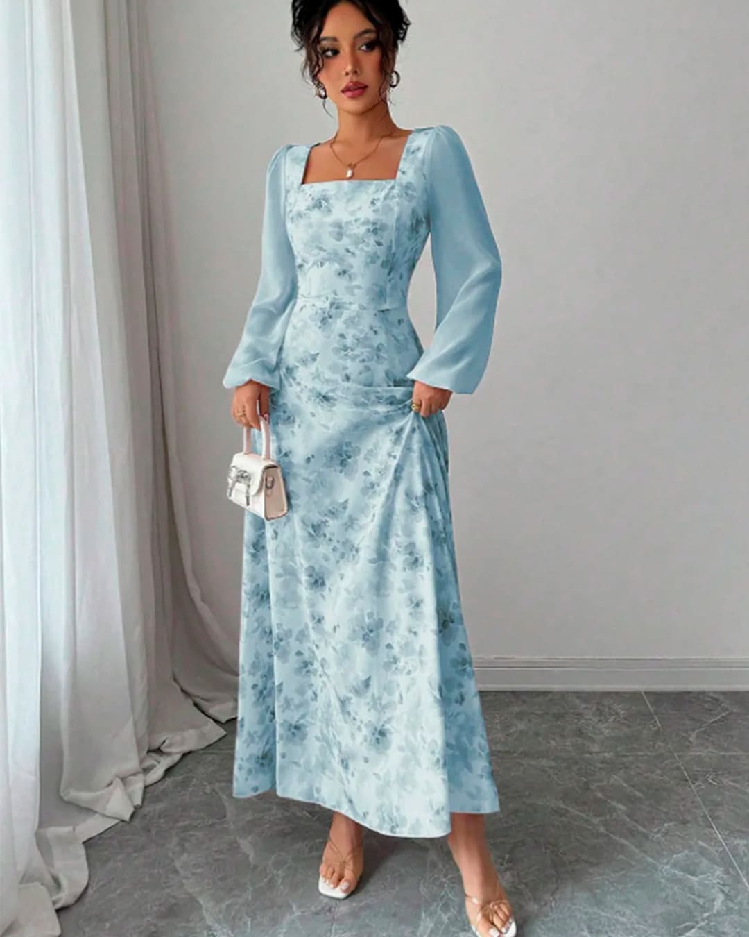 Robe Longue Col Carré Manches Bouffantes Imprimé