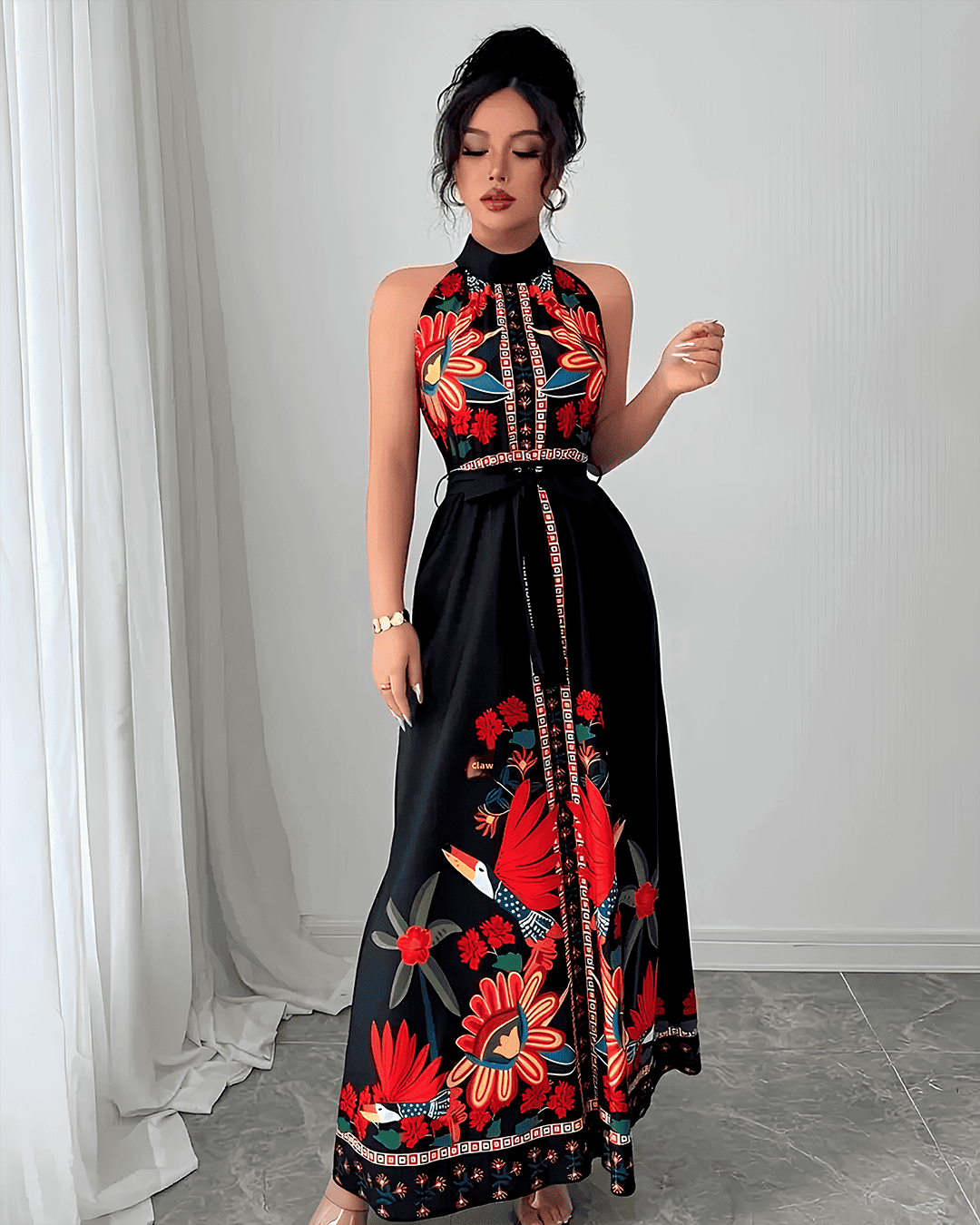 Robe Longue Col Montant Imprimé Bohème Ceinturée