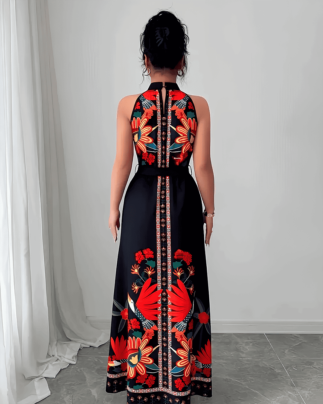 Robe Longue Col Montant Imprimé Bohème Ceinturée