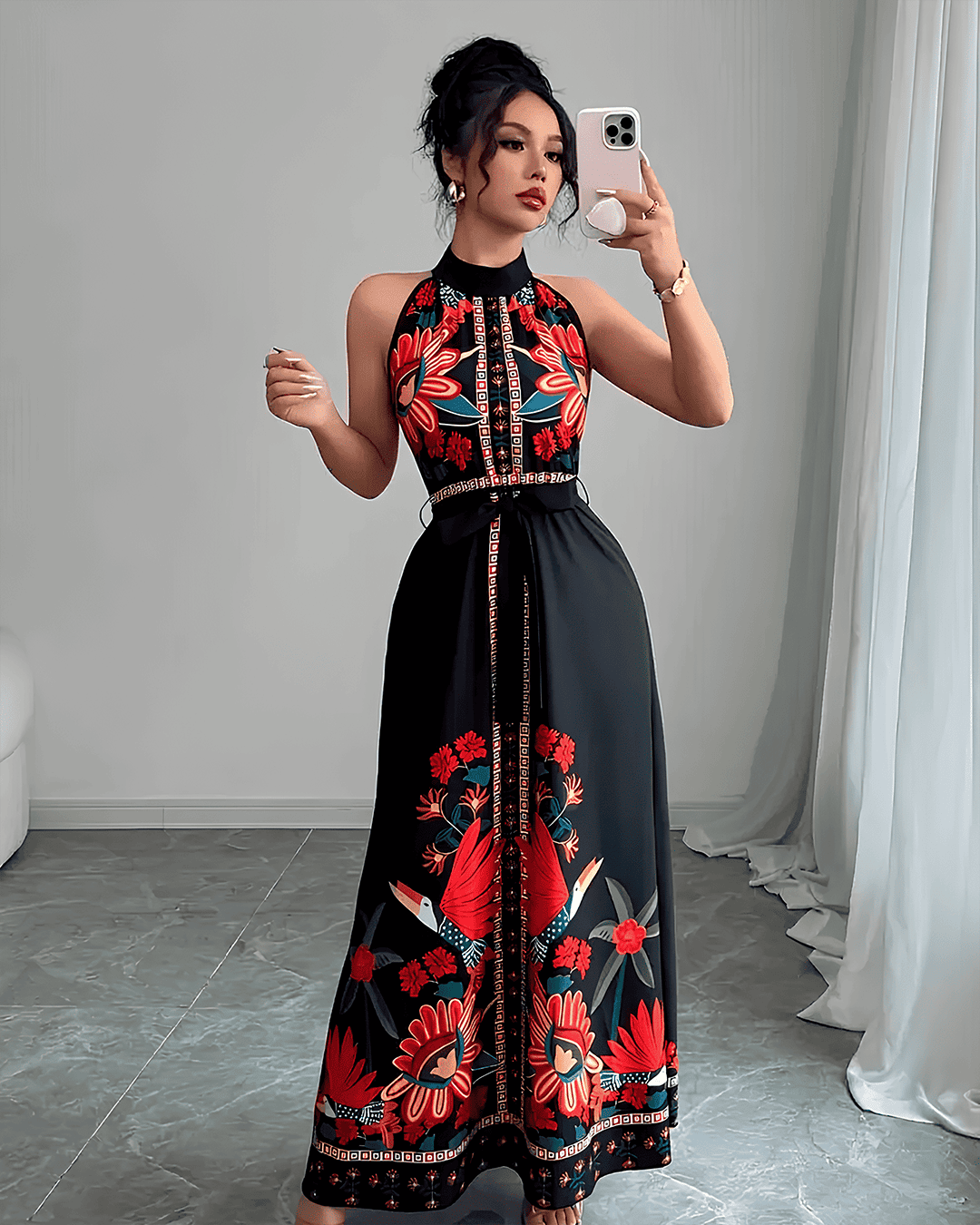 Robe Longue Col Montant Imprimé Bohème Ceinturée