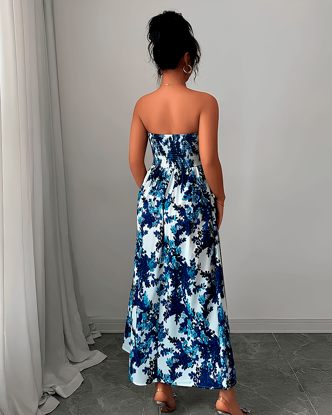 Robe Longue Évasée Florale Sans Bretelles