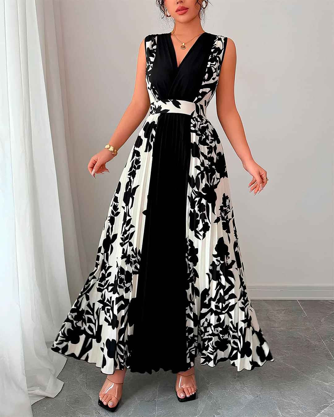 Robe Longue Sans Manches Col Cache-Coeur Plissée