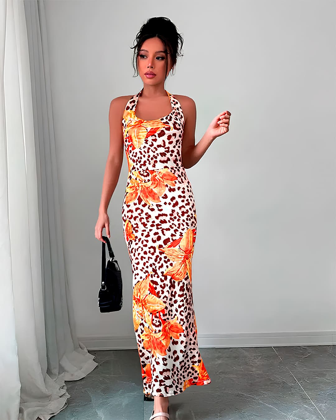 Robe Longue Imprimé Léopard Fleuri Halter