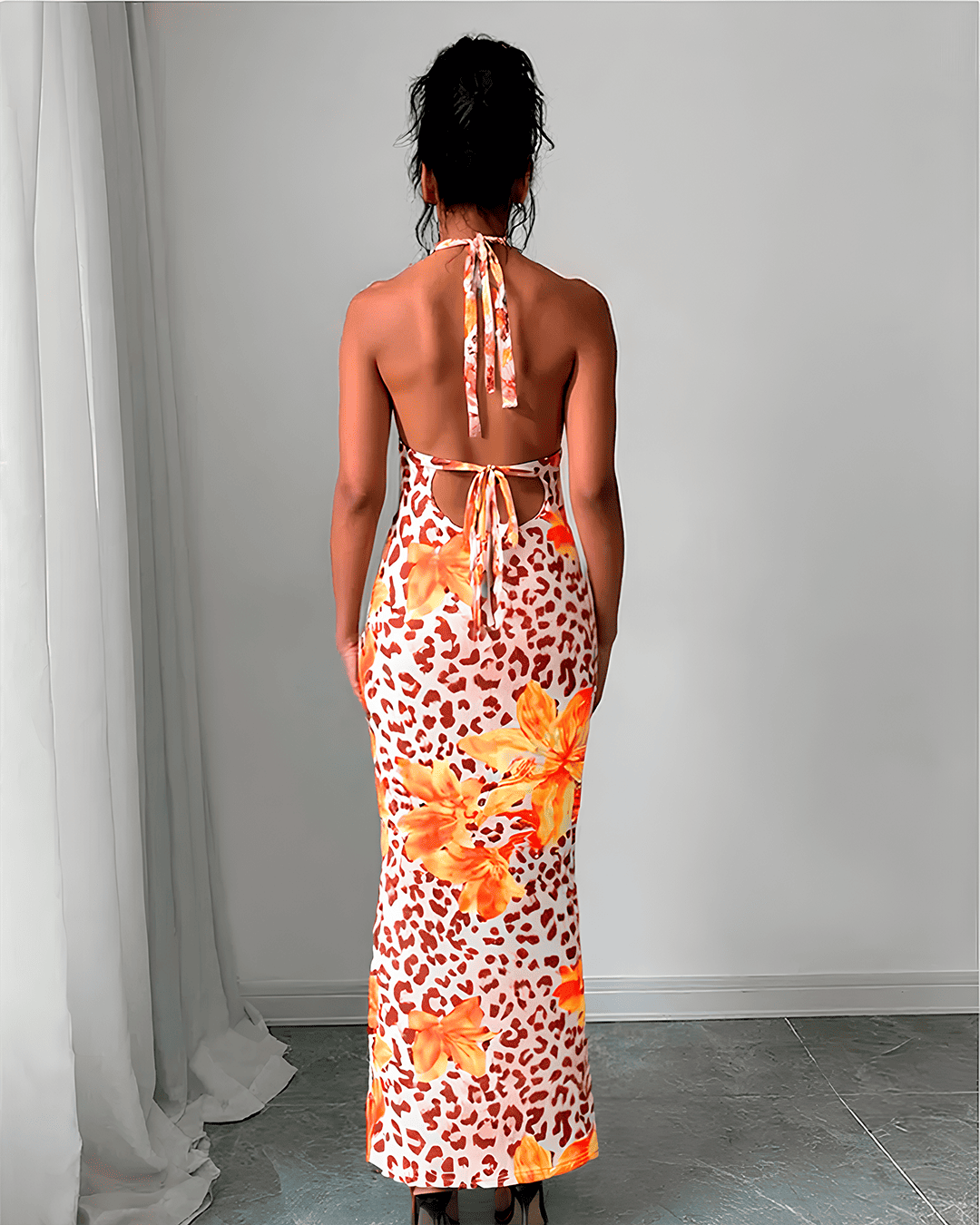 Robe Longue Imprimé Léopard Fleuri Halter