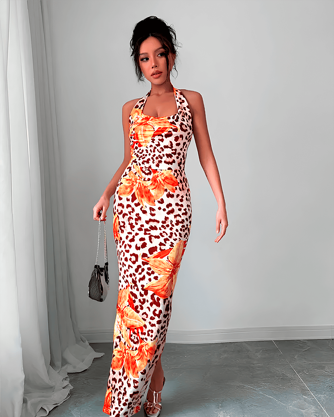 Robe Longue Imprimé Léopard Fleuri Halter