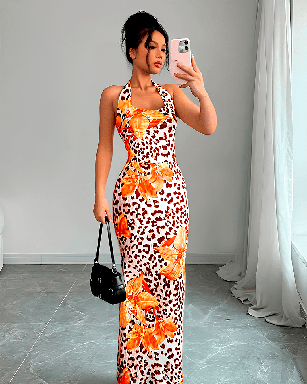 Robe Longue Imprimé Léopard Fleuri Halter