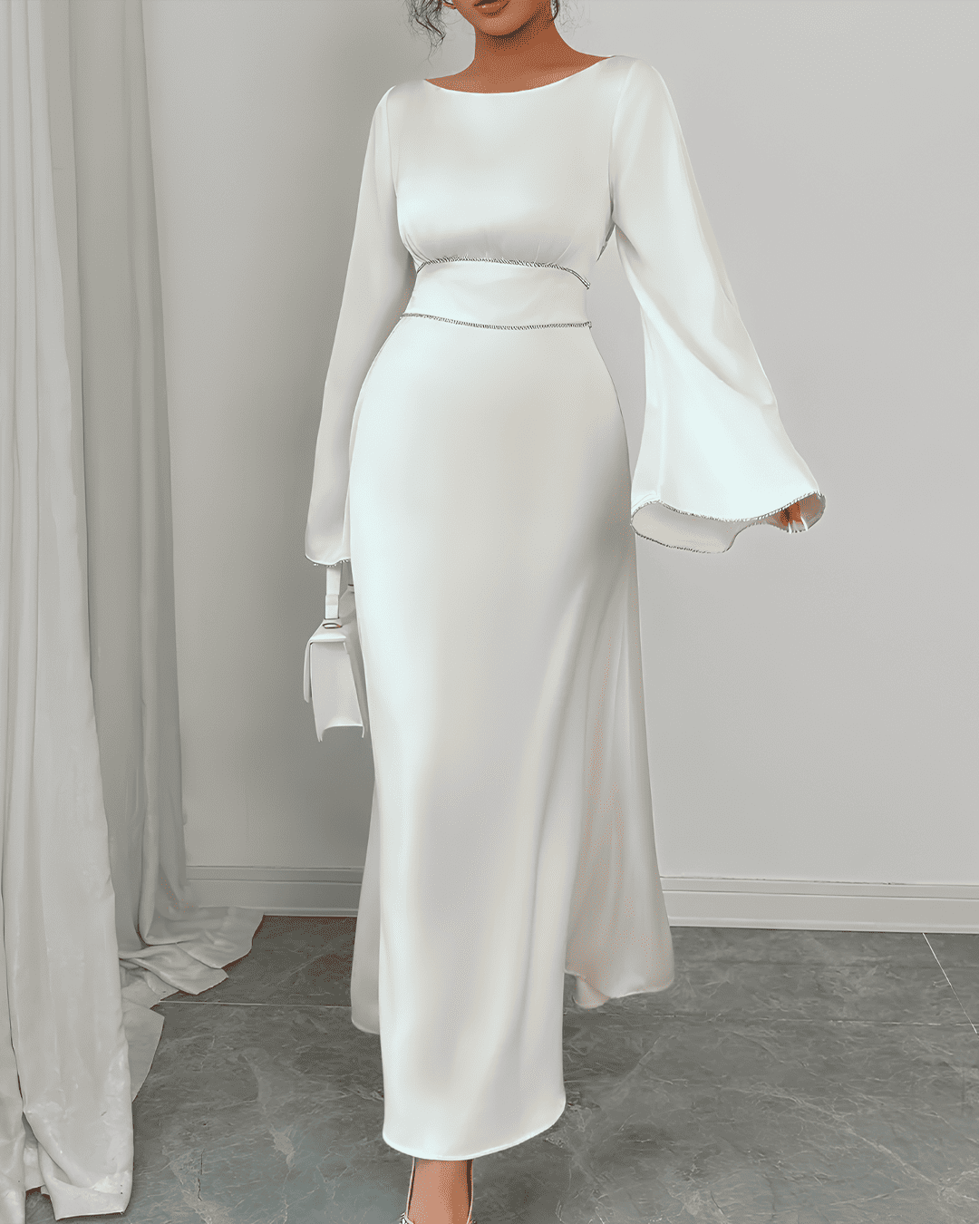 Robe Longue Satinée Taille Haute Manches Évasées
