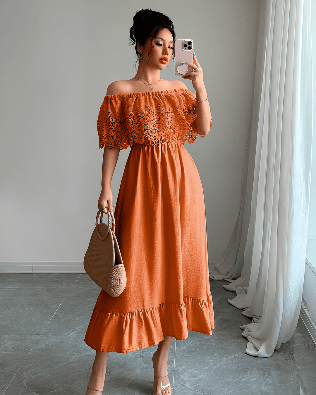 Robe Midi Bardot Dentelle Guipure Volants