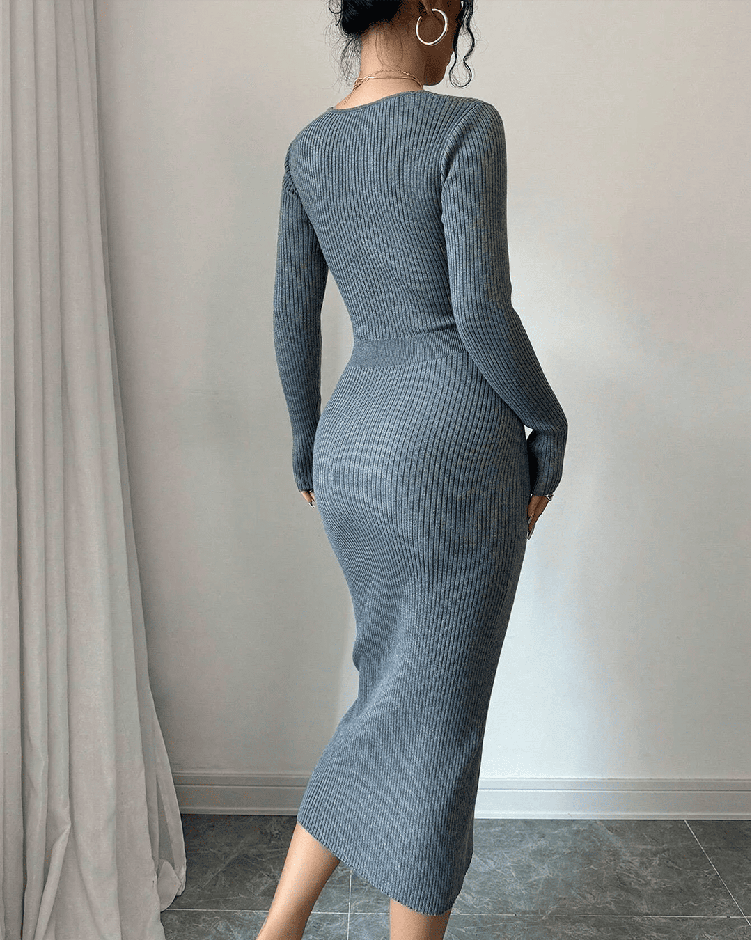 Robe Midi Côtelée Cache-Coeur Boutons Perles