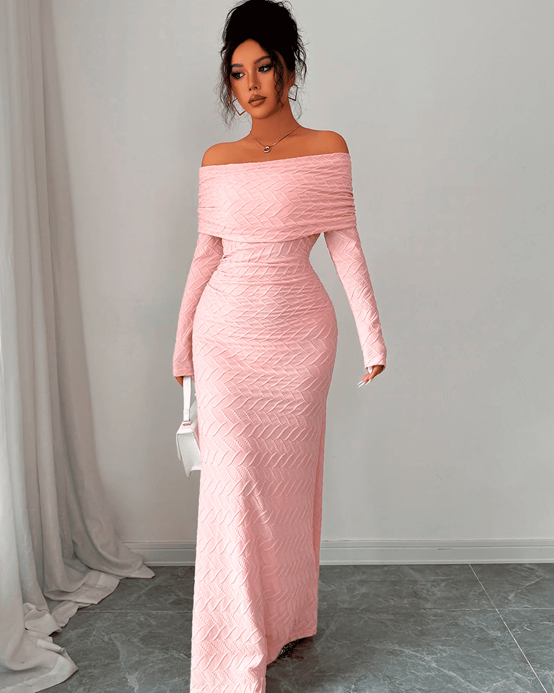 Robe Sirène Épaules Dénudées Tricot Chevrons