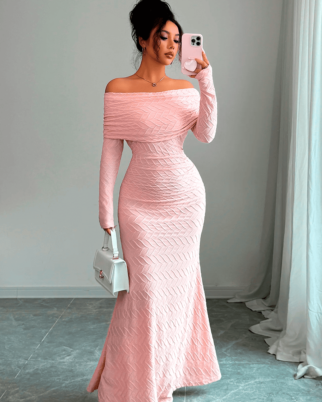 Robe Sirène Épaules Dénudées Tricot Chevrons