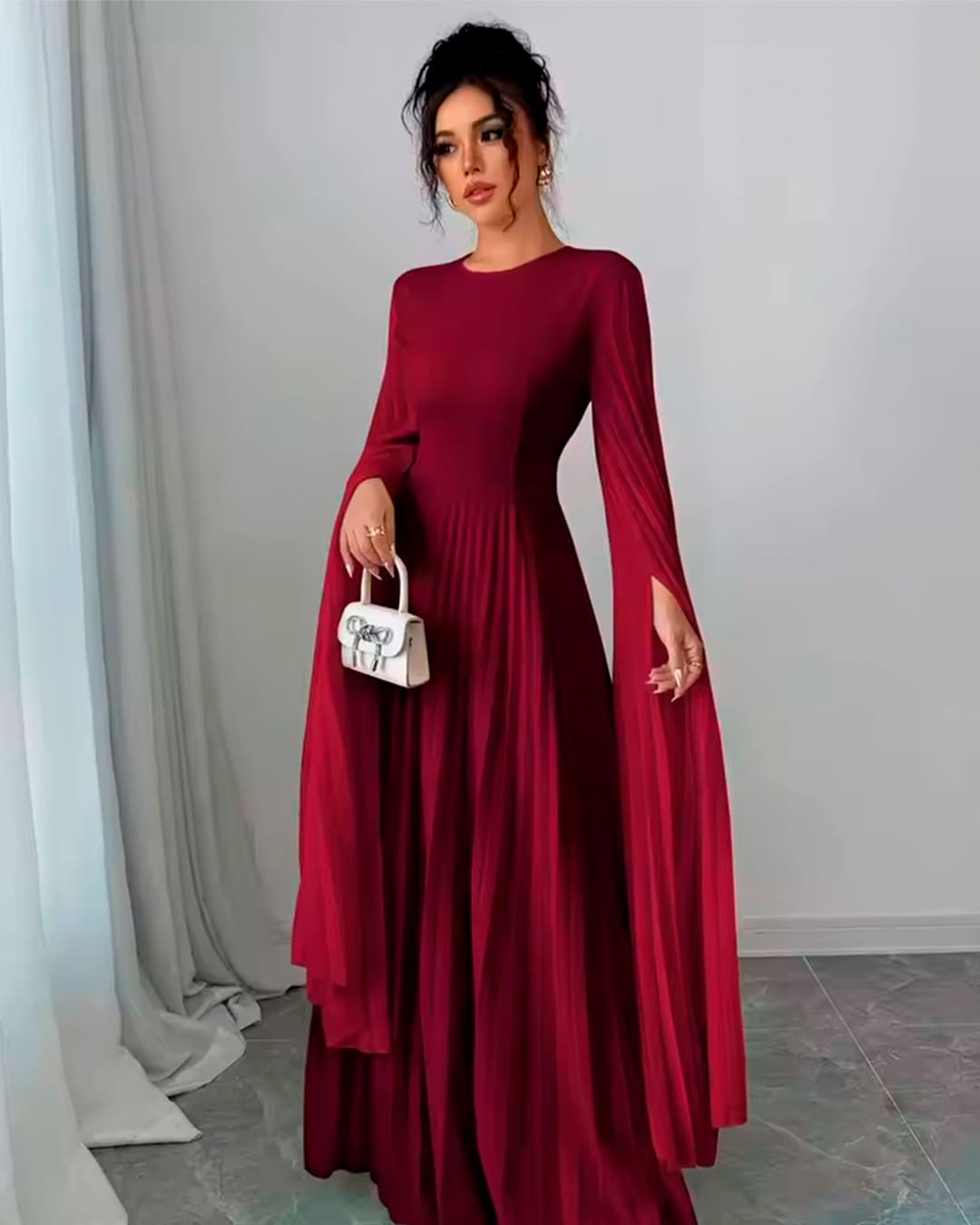 Robe Soirée Longue Plissée Manches Chauve Souris