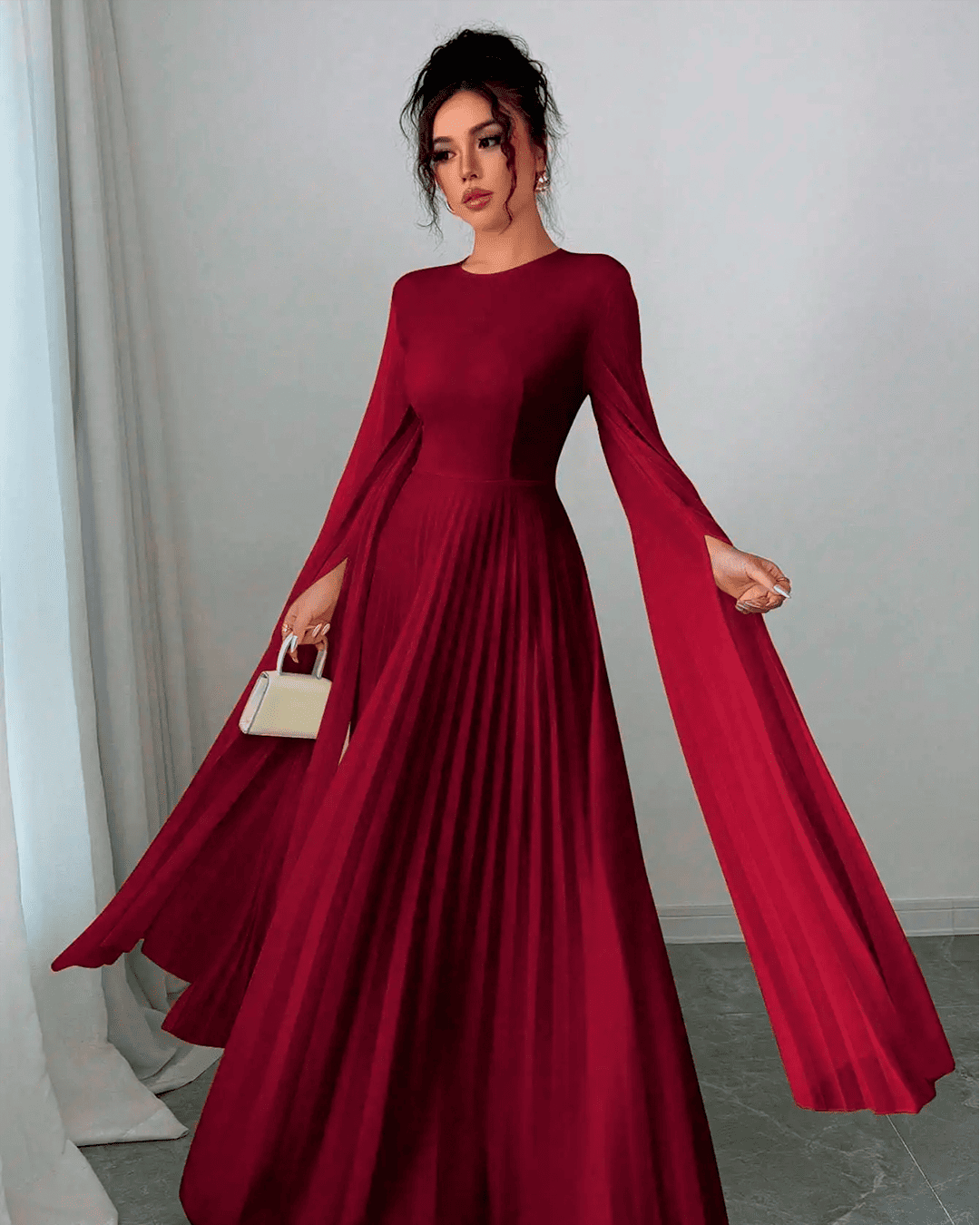 Robe Soirée Longue Plissée Manches Chauve Souris