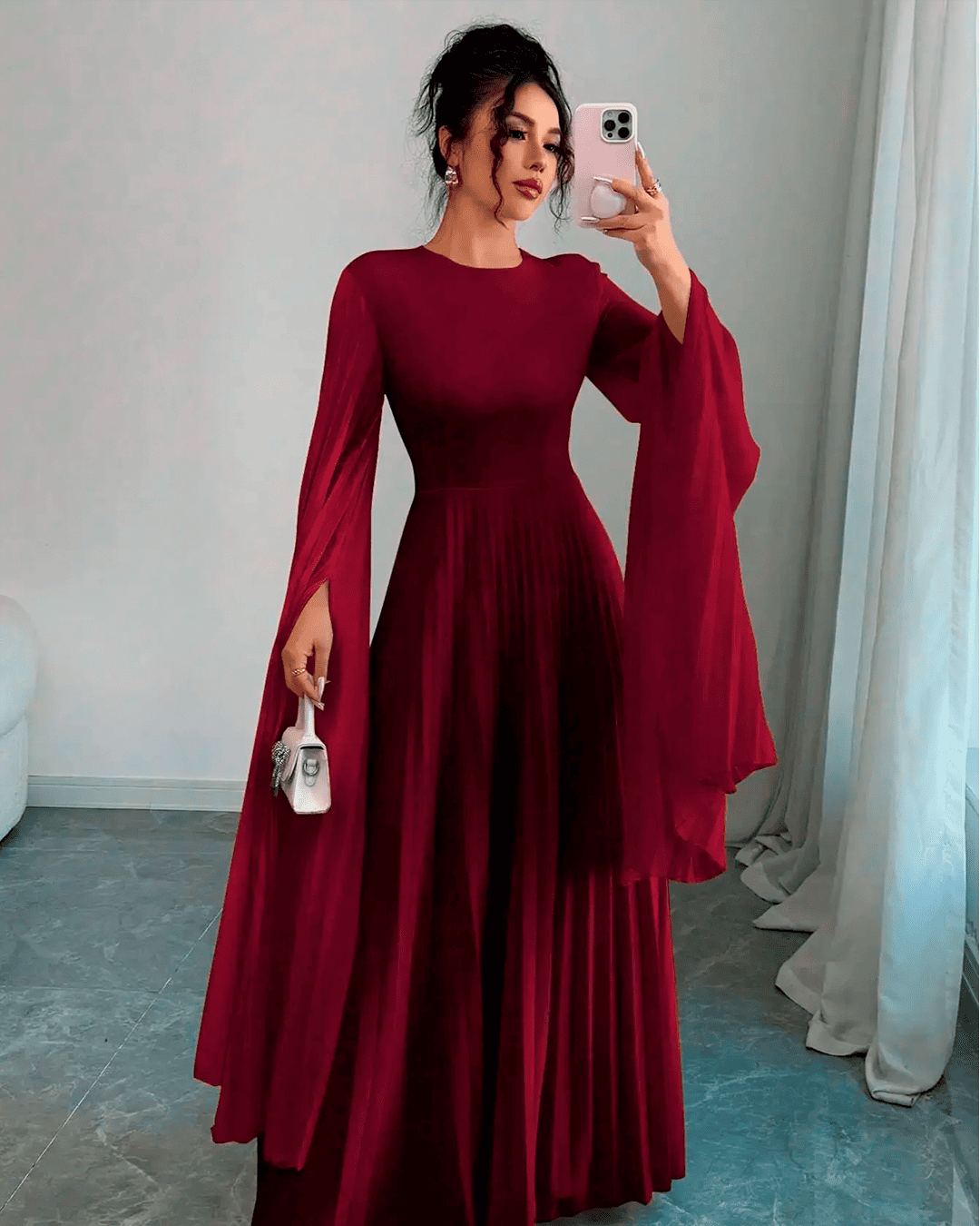 Robe Soirée Longue Plissée Manches Chauve Souris