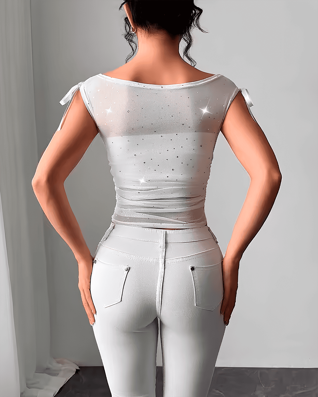 Top Tulle Pailleté Froncé Liens Épaules