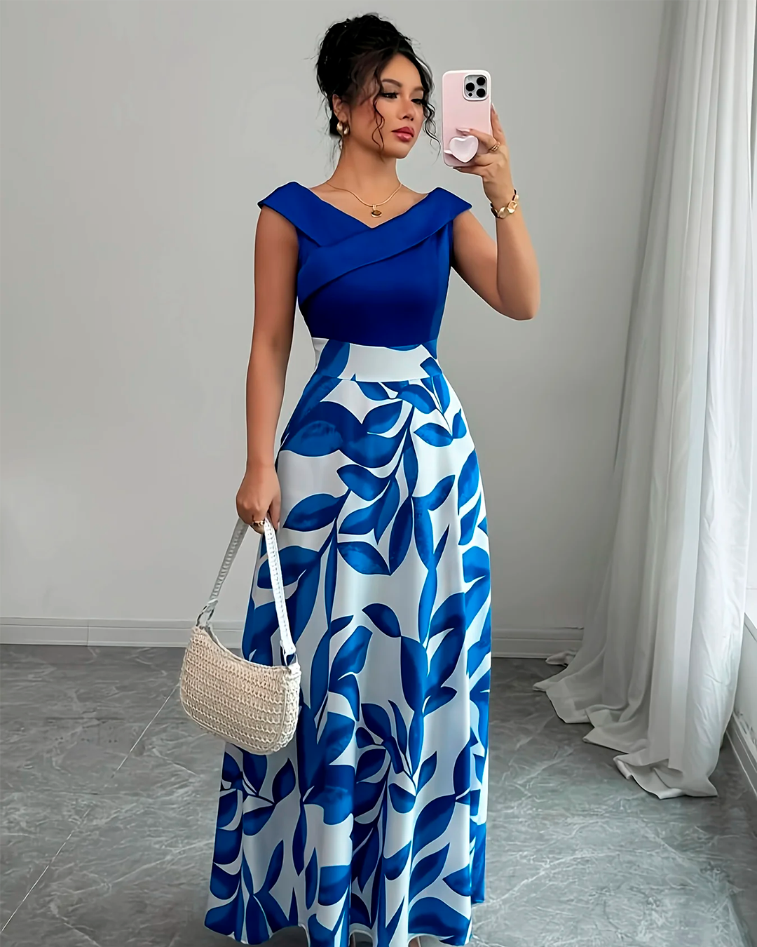 Bicolour Foliage Print Long Blue Dress