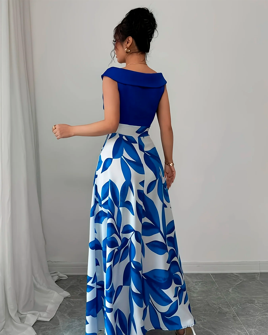 Bicolour Foliage Print Long Blue Dress