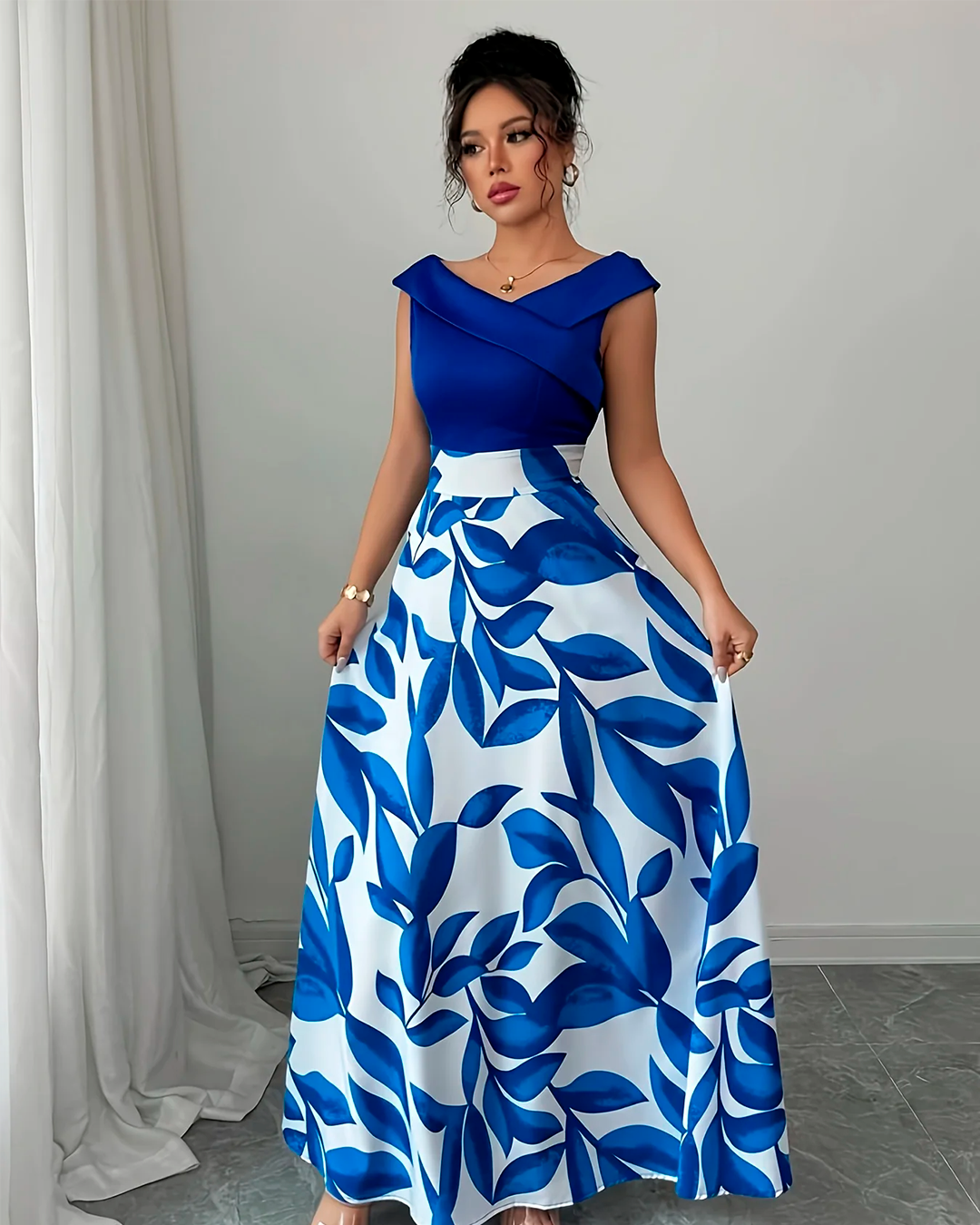 Bicolour Foliage Print Long Blue Dress