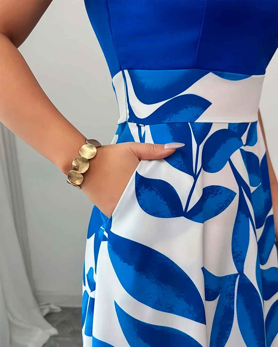 Bicolour Foliage Print Long Blue Dress