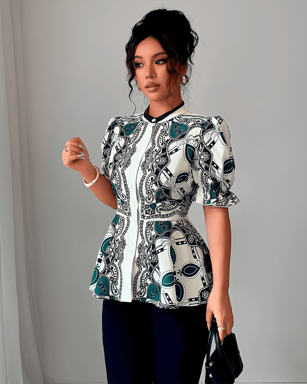 Blouse Imprimée Baroque Manches Bouffantes Peplum
