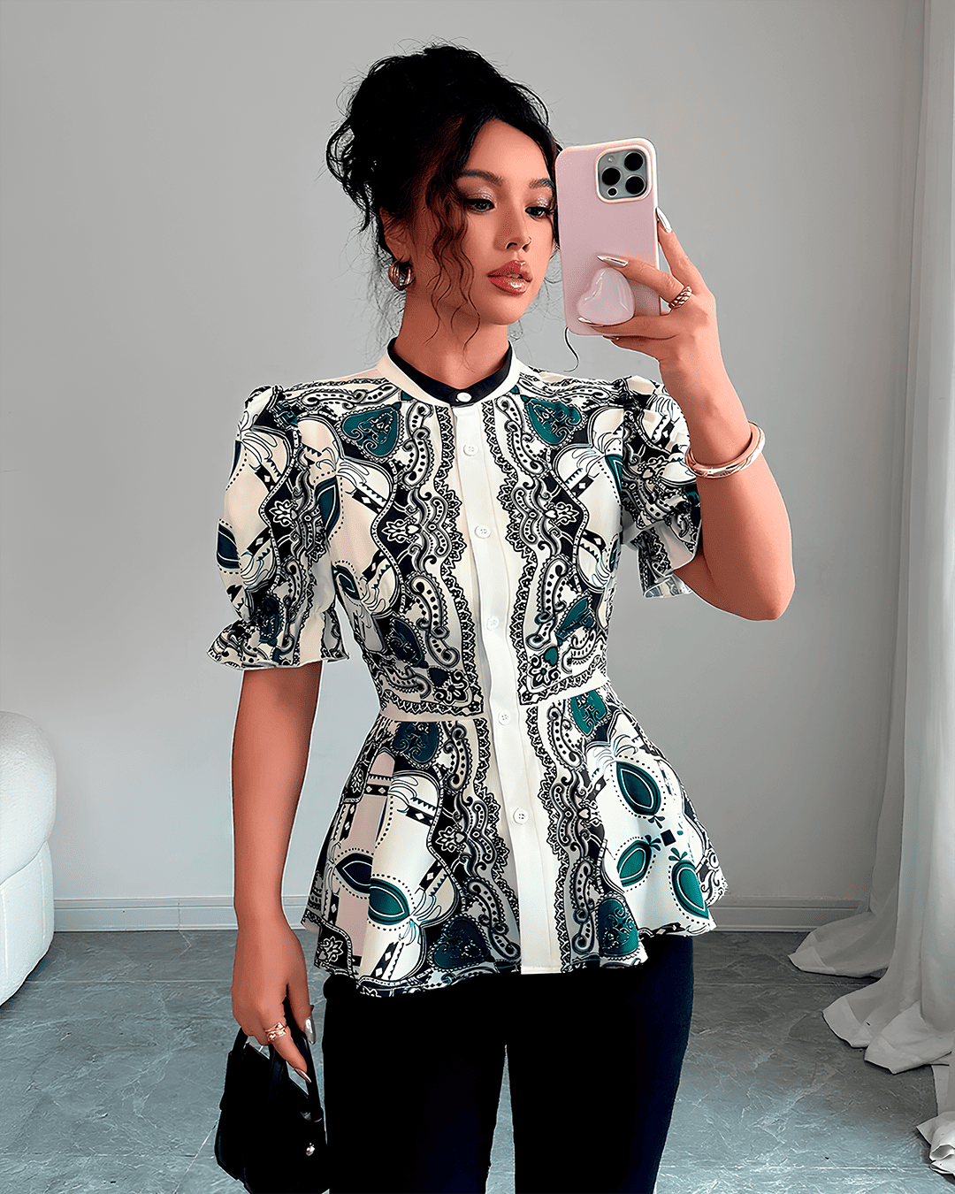 Blouse Imprimée Baroque Manches Bouffantes Peplum