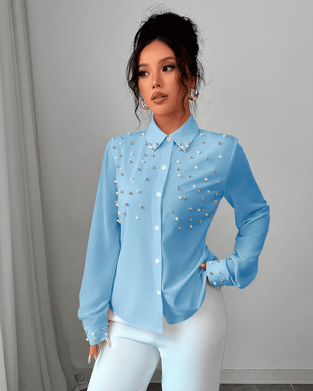 Blouse Perles Boutonnée Col Classique Manches Longues