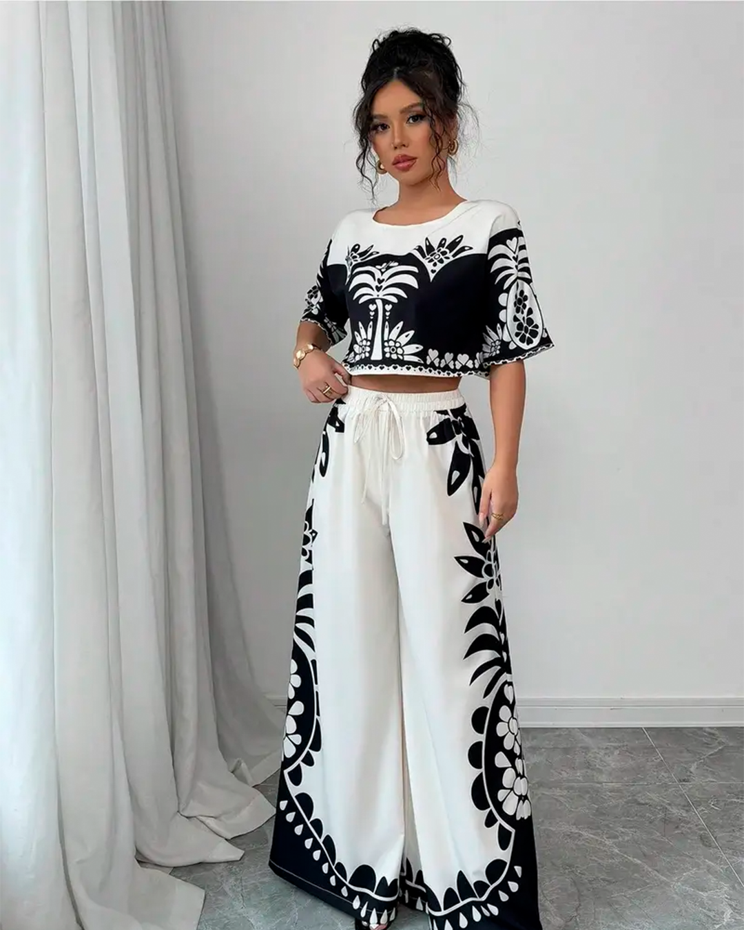 Boho Set Crop Top Wide Leg Pants Tropical Print