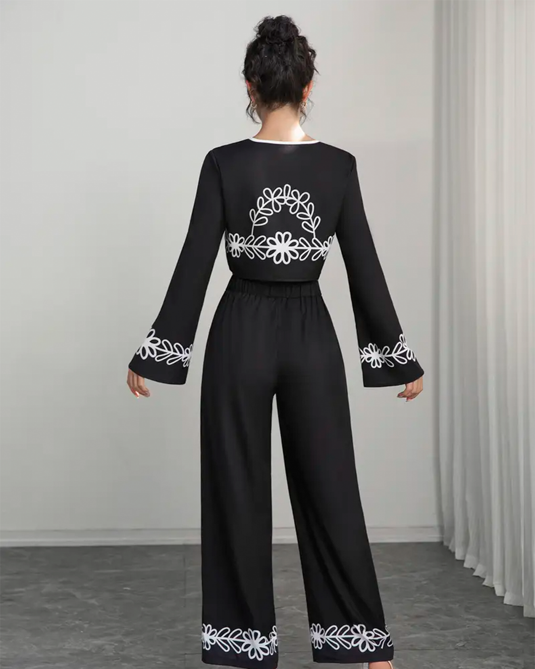 Boho Set Embroidered Crop Top Wide Leg Black