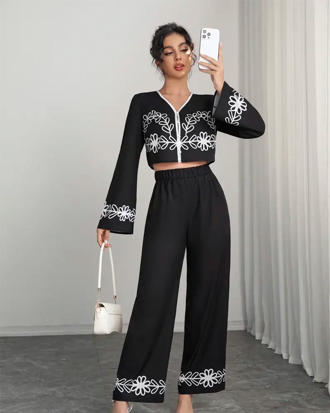 Boho Set Embroidered Crop Top Wide Leg Black