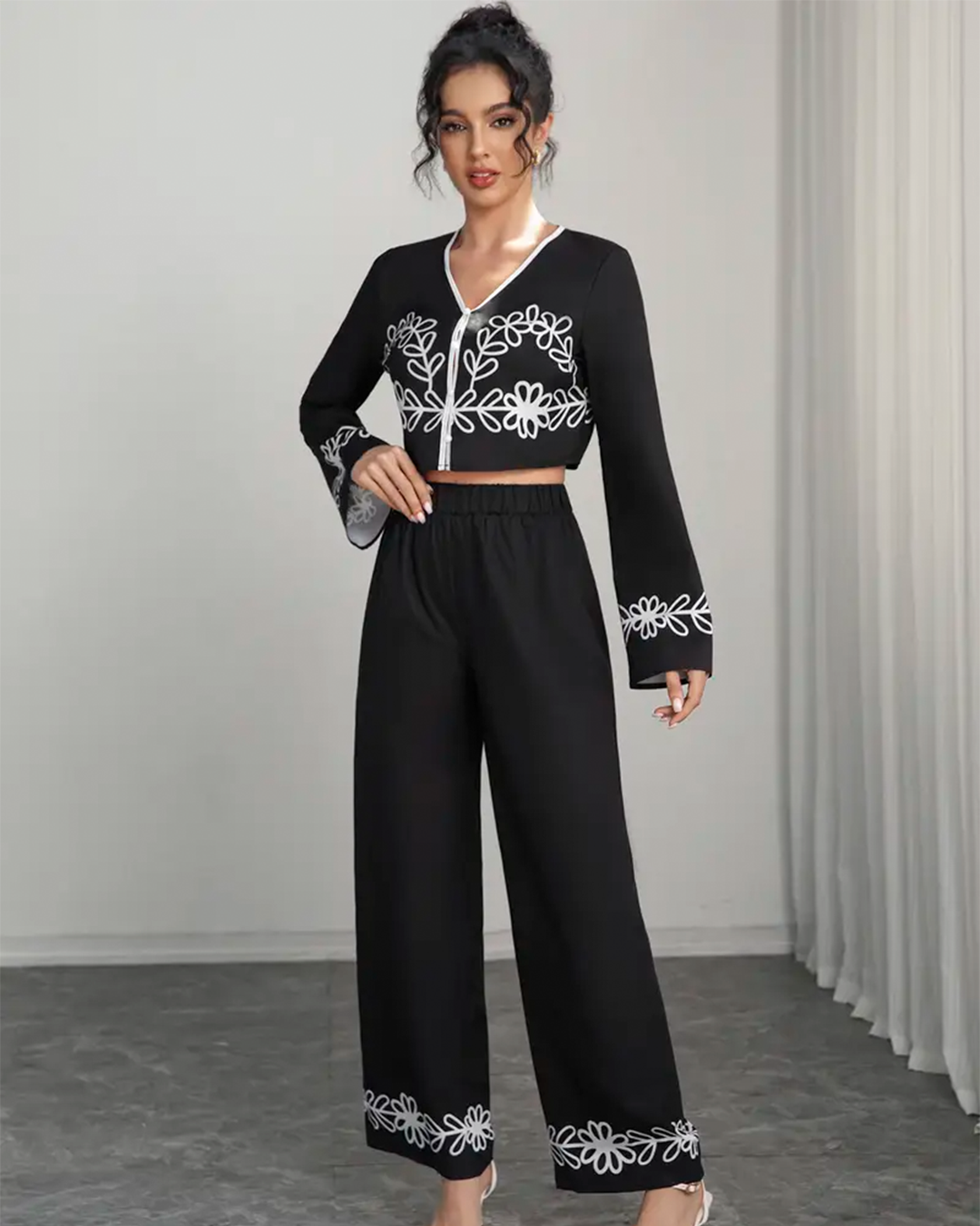 Boho Set Embroidered Crop Top Wide Leg Black