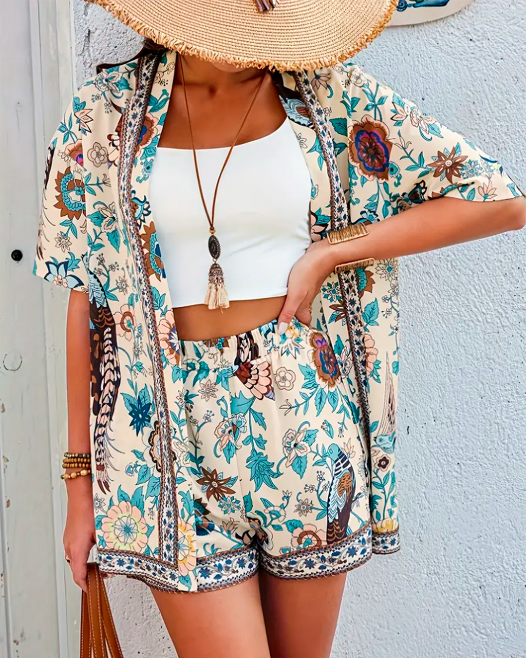 Boho Set Kimono Floral Print Shorts And Crop Top