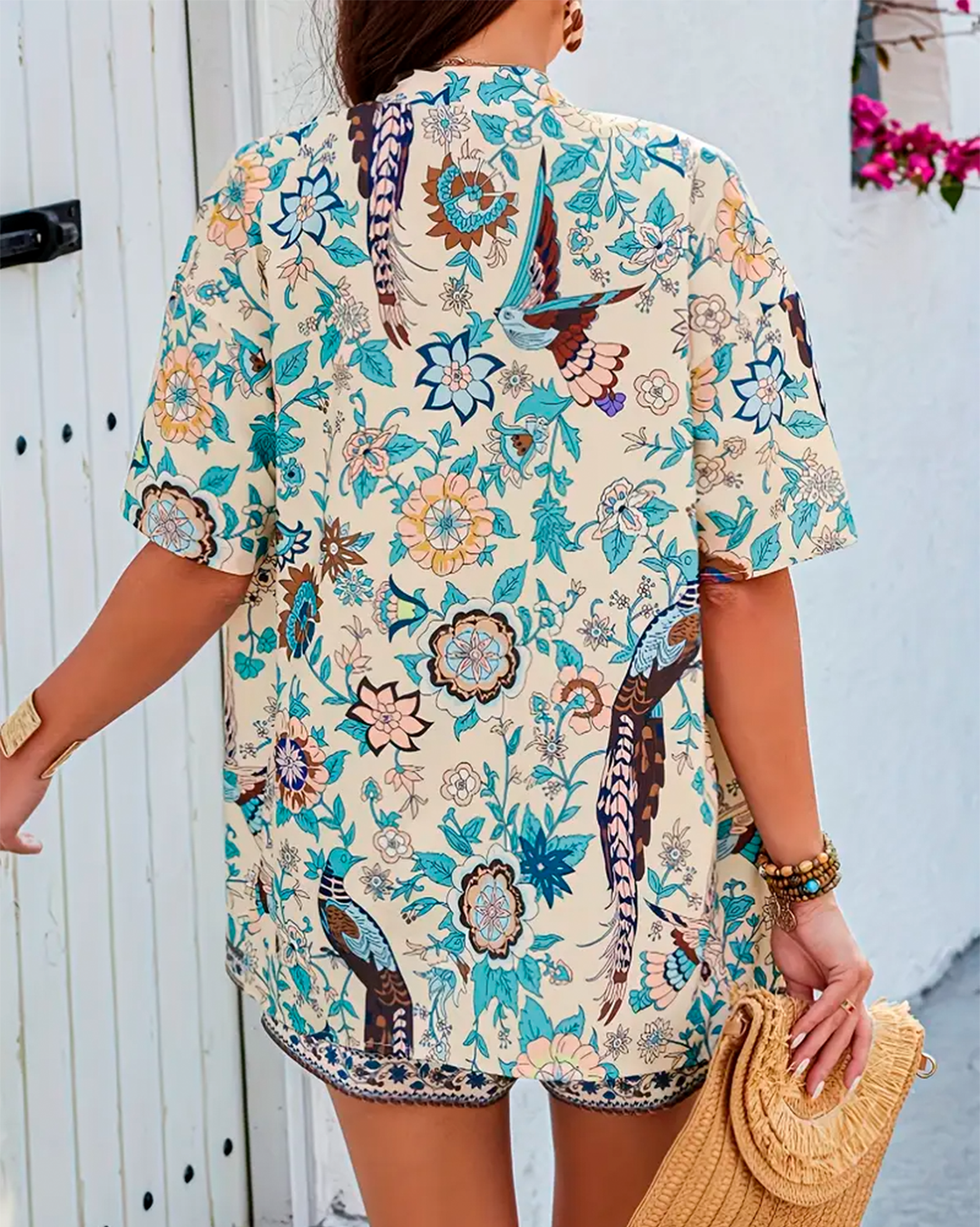 Boho Set Kimono Floral Print Shorts And Crop Top