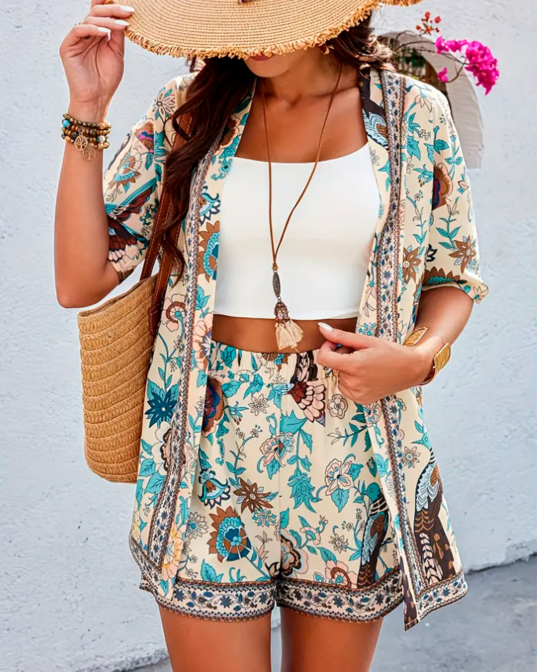 Boho Set Kimono Floral Print Shorts And Crop Top