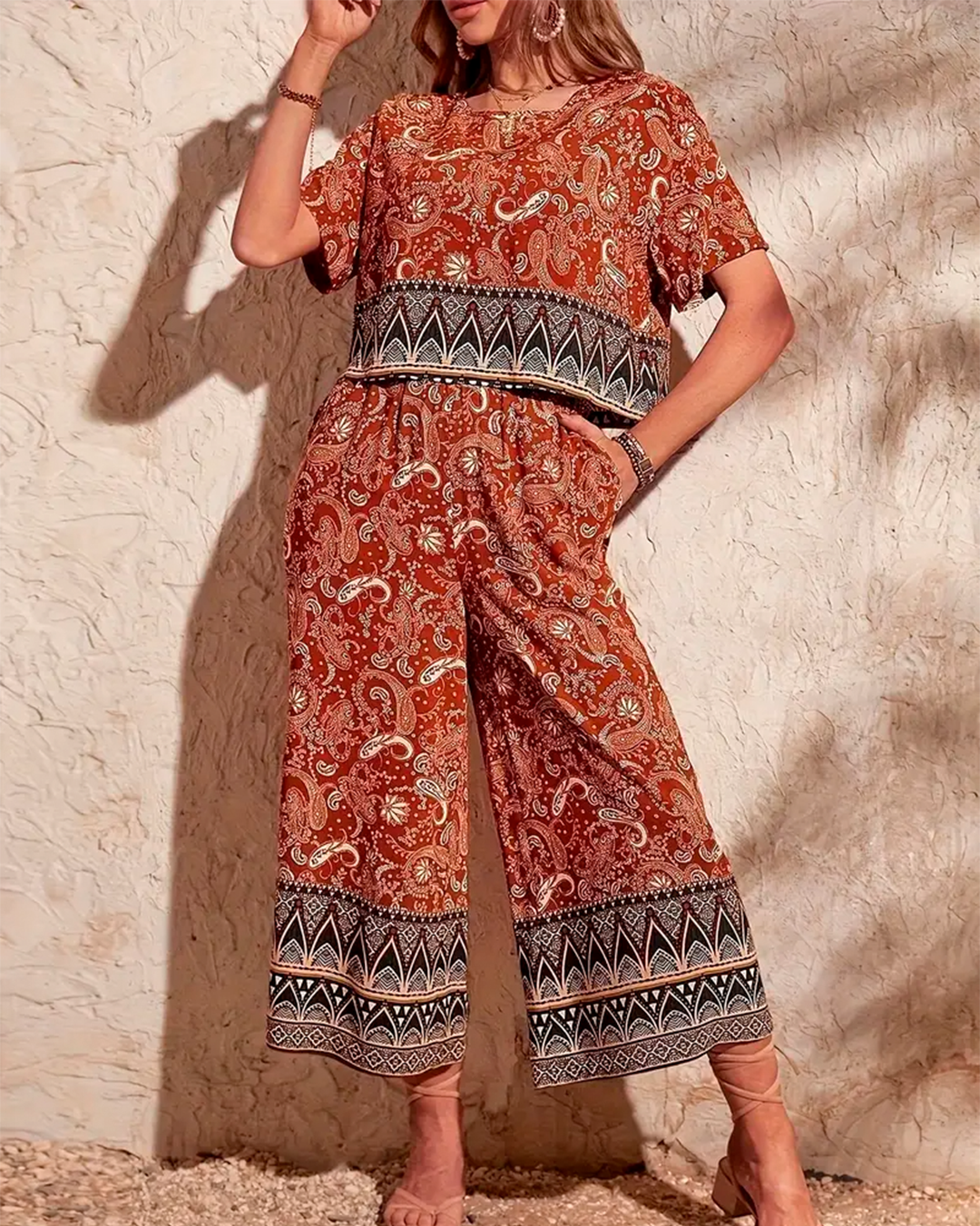 Boho Set Wide Leg Paisley Print Crop Top