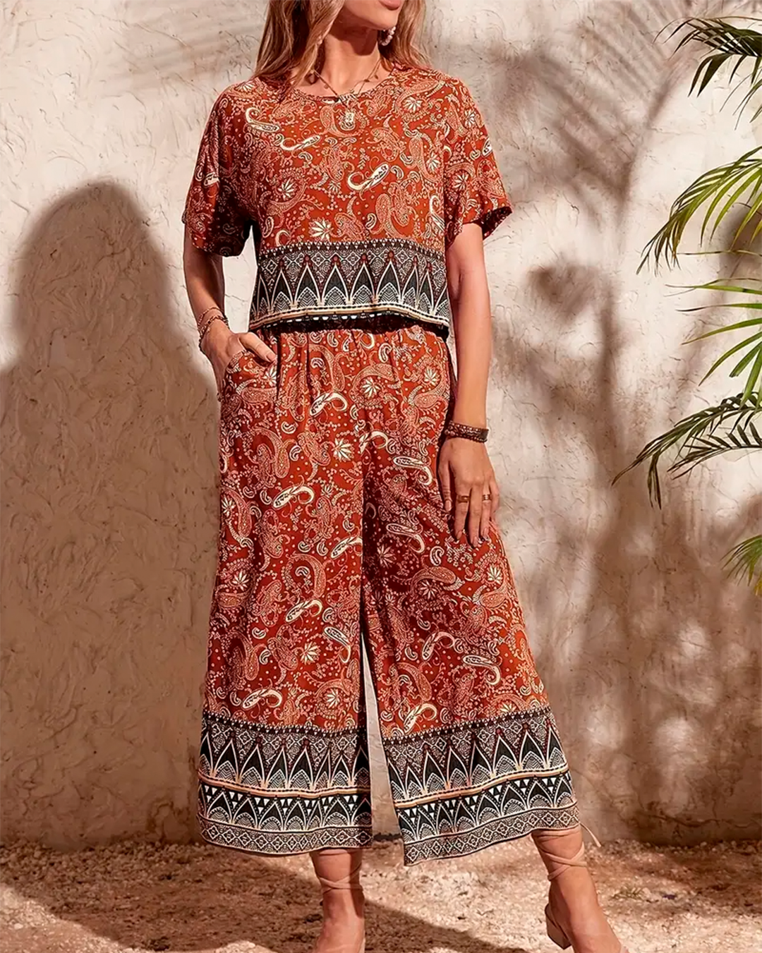 Boho Set Wide Leg Paisley Print Crop Top
