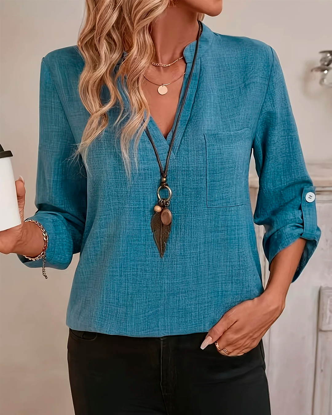Casual Long Sleeve V Neck Blouse
