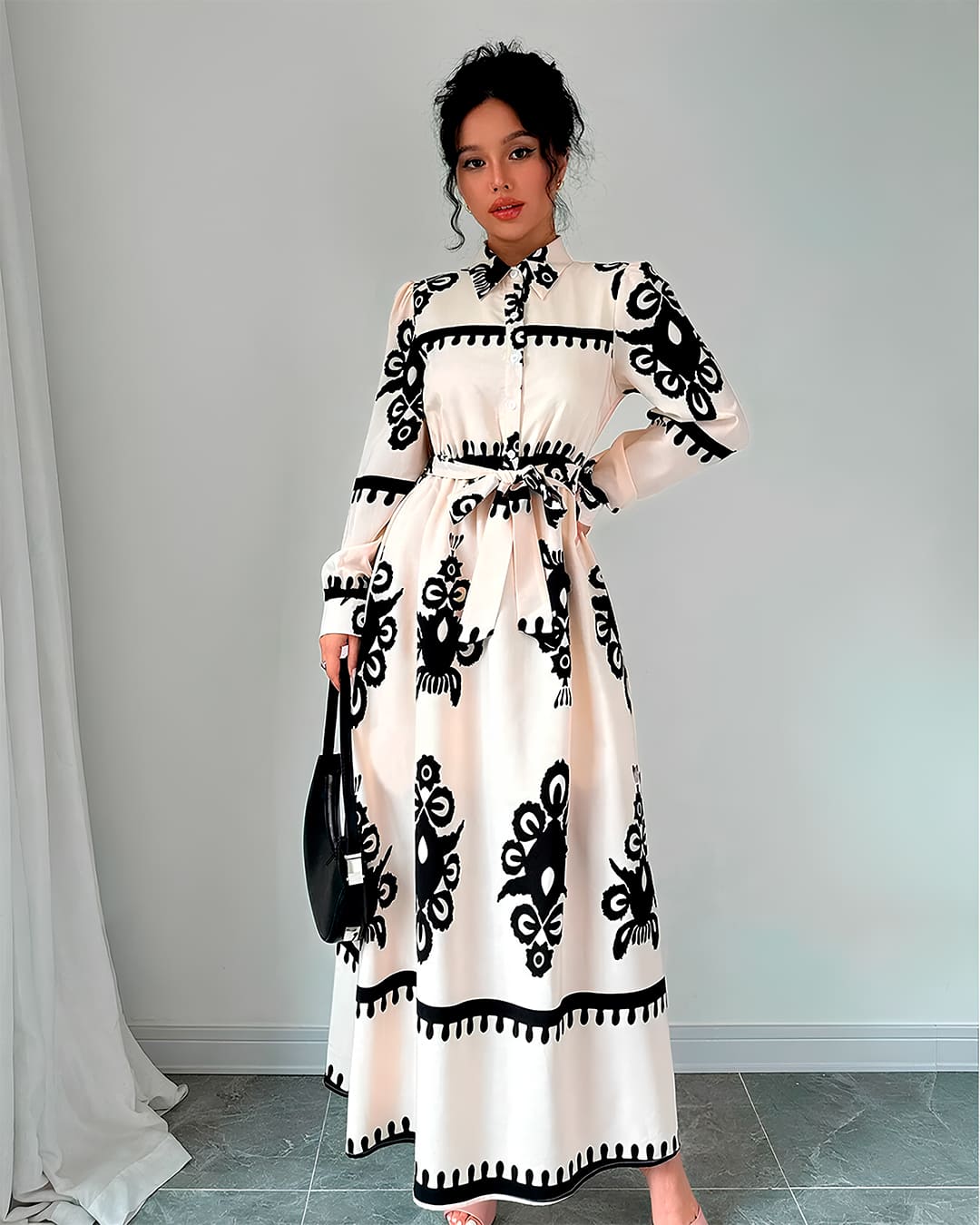 Chemise Longue Boutonné Ceinturé Motifs Robe