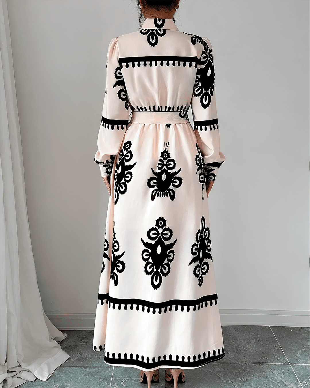 Chemise Longue Boutonné Ceinturé Motifs Robe