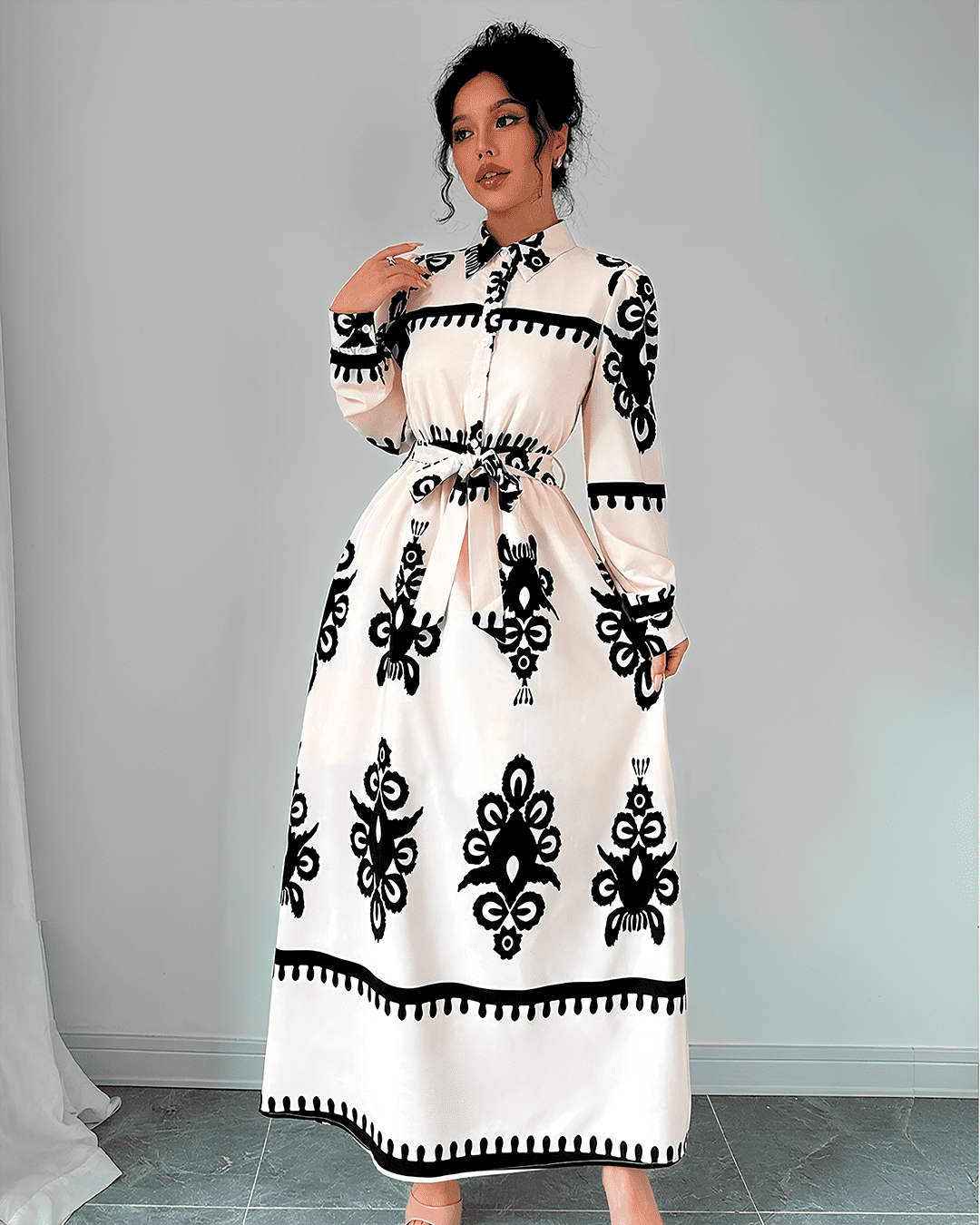 Chemise Longue Boutonné Ceinturé Motifs Robe