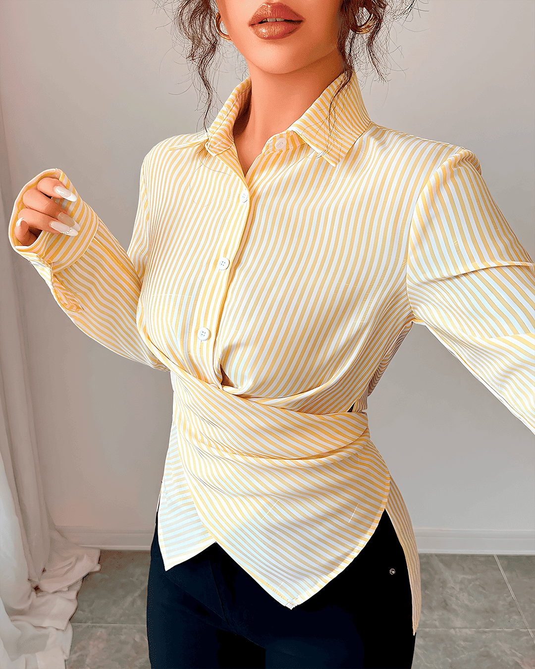 Chemisier Rayé Drapé Croisé Taille Cintrée